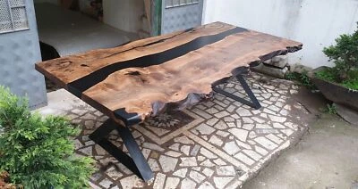 Black river epoxy dining table, live edge wooden table epoxy resin office table - Image 1 of 4