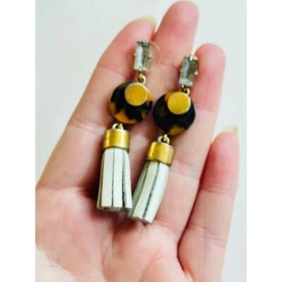 J.Crew Earrings Pierced gold Tassel Blue Dangle Signed Rare High End designer - Image 1 of 4