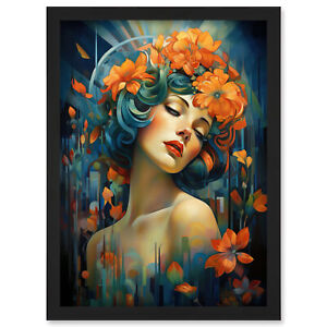 Woman Portrait with Flowers Modern Art Deco Vibrant Framed Wall Art Print A4