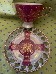 Royal Sealy Japan PURPLE/GOLD Lusterware Footed Tea Cup & Saucer Perfect - Picture 1 of 4