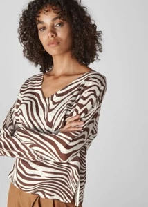 Whistles 100% Linen Brown & White Zebra Animal Print Fine Knit Jumper Top £99 M - Picture 1 of 10