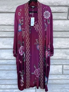 JOHNNY WAS Messine Long KIMONO COAT JACKET Embroidered Floral Pomegranate Medium - Picture 1 of 11