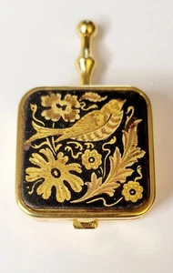 Vintage Gold Damascene Bird Design Pill Box With Handle 2 1/4" By 1 1/4" - Picture 1 of 11