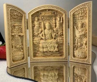 Estatua Plegable Santuario Budista Fudo Myoo Tallada en Madera Triple Deidad Japón Foto 1 de 4