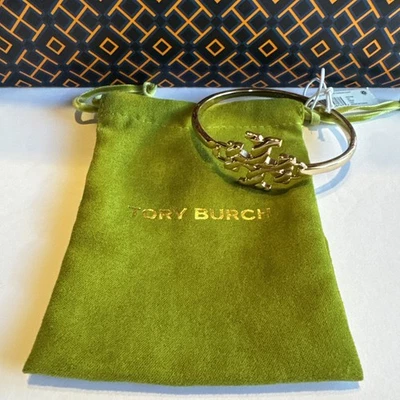 TORY BURCH Textured Rooe Logo Hinged Cuff Gold- 166159- MUST SEE - Image 1 of 4