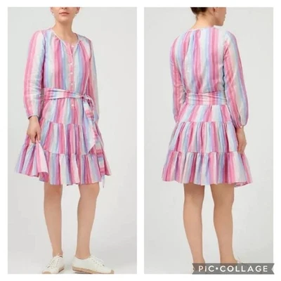 Pastel Stripe J Crew Veda Metallic Thread 100% Cotton Belted Dress Small Pockets - Image 1 of 4