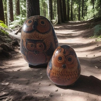 Búhos calabaza 2ct arte popular peruano vintage quemado tallado a mano grabado decoración de otoño Foto 1 de 4