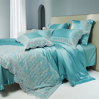 Bedding Set 4pcs Pure Silk Cotton Embroidery Duvet Cover Flat Sheet Pillowcases - Image 1 of 4