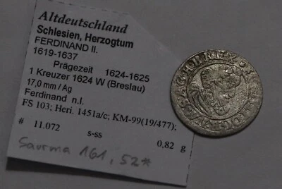 🧭 🇩🇪 GERMANY POLAND SILESIA 1 KREUZER 1624 W BRESLAU SILVER B79 #W87 - Image 1 of 2