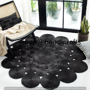 Bohemian Round Rug Black Color Jute Rug Braided Rug Jute Rug 7 Feet Area Rag Rug - Picture 1 of 3
