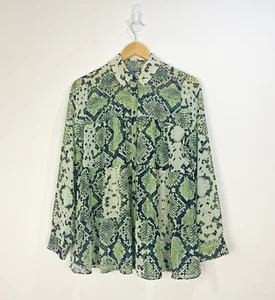 Mint Velvet Blouse Women Size 10 Green Black Sheer Chiffon Snake Print Buttoned - Picture 1 of 8
