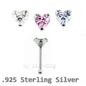 22g - 3mm Heart C.Z. Prong Set Nose Bone .925 Sterling Silver Nose Stud - Picture 1 of 3