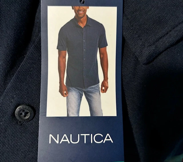 NAUTICA MEN'S BUTTON UP COLLARED 1 POCKET SHIRT(NAVY S)