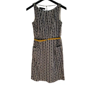 Nine West Size 12 Navy White Medallion Print Sheath Dress W/ Yellow Belt Cotton - Picture 1 of 7