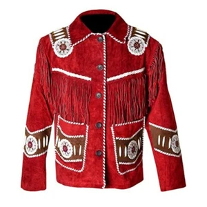 Women American Native Western Cowboy Suede Leather Jacket Fringe & Beaded - Red - Picture 1 of 4