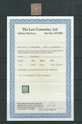 GERMANY 1872 IMPERIAL EAGLE (Sc 33 25pf red brown) F/VF UNUSED w/certificate z20 - Image 1 of 3