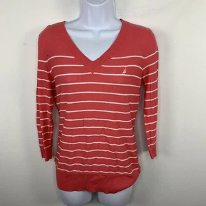 Nautica Womens Top Sz S Coral Pink White Striped V Neck Pullover Nautical Knit - Picture 1 of 12