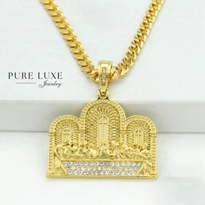 Herren 20" Edelstahl Gold Kubanische Kette. Jesus Letztes Abendmahl. CZ Anhänger * Box - Bild 1 von 4