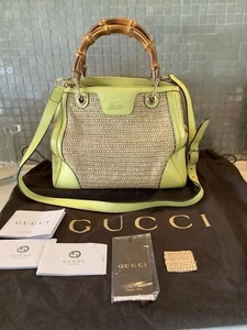 GUCCI Small Raffia And Yellow/Leather Bamboo Handle Long Strap Tote With Tags - Picture 1 of 23