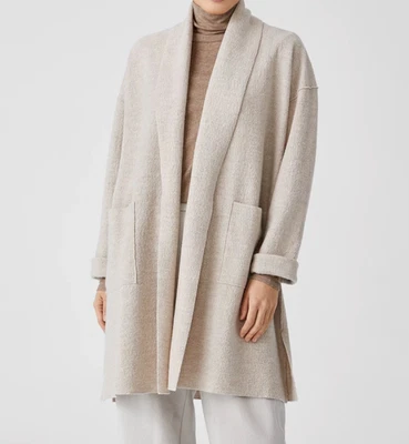 Eileen Fisher women's L Open front Lightweight Boiled Wool Coat pockets oatmeal - Image 1 of 4