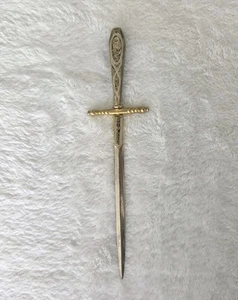 Vtg Toledo Spain Letter Opener Sword Dragon Scroll Work Steel Enamel Gold Tone - Picture 1 of 15
