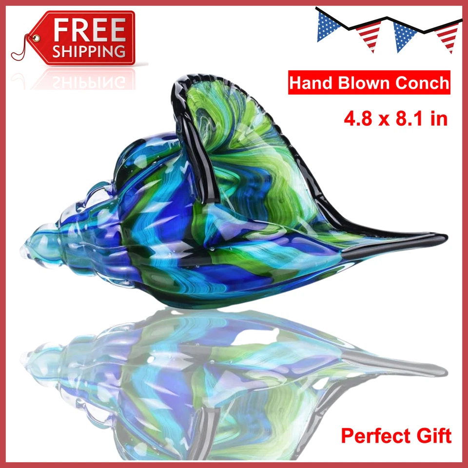 Glass Conch Hand Blown Seashell Art Glass Figurine Murano Decor Blue