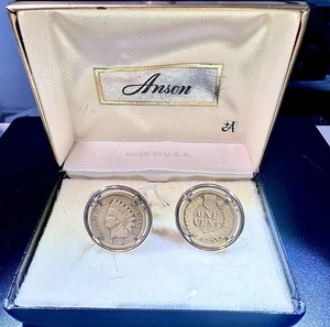 Vintage Anson A+ Gold Tone Genuine 1902 & 189? Indian Head Penny Cufflinks - Picture 1 of 3