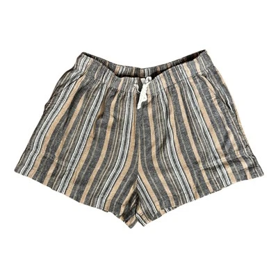 LUCKY BRAND Womens Shorts sz M Tan Gray White Stripe Elastic Waist Linen Blend - Image 1 of 4