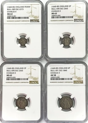 1660 -1685 SILVER GREAT BRITAIN KING CHARLES II MAUNDY SET NGC AU 58- MS 63 - Image 1 of 4