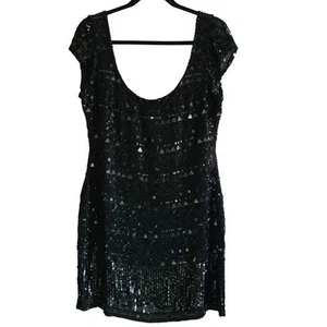SCALA Black Beaded Sequin Scoop Neck Cocktail Party Mini Dress Women's Size 14 - Picture 1 of 11