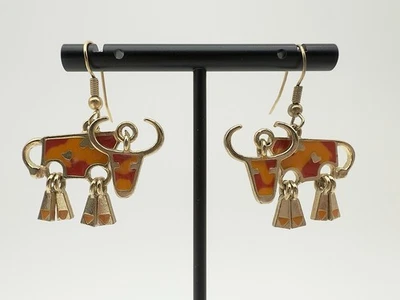 Edgar Berebe Gold Orange Red Enamel Longhorn Western Articulated Earrings - Image 1 of 4