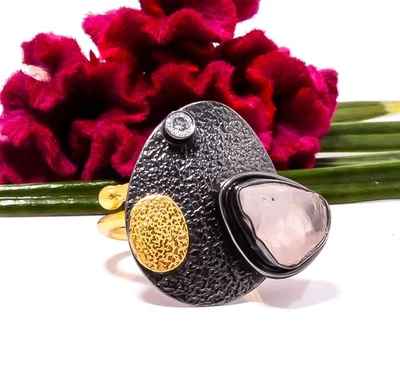 Cuarzo Rosa Rosa - Anillo Brasil Chapado en Oro Negro Plata de Ley 925 s.7 S82 Foto 1 de 4