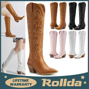 Rollda Women Western Dress Boots Embroidery Cowboy Cowgirl Tall Boot Side Zipper - Picture 1 of 62