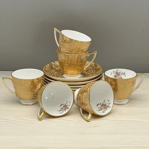 6 Sets MINTON Gold Brocade DEMITASSE CUPS & SAUCERS Minty MARLOW FLORAL VTG 60s - Picture 1 of 22