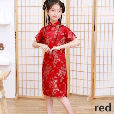 Kid's Girls Satin Qipao Cheongsam Dresses Knee Length Short Sleeve Tang Suit - Image 1 of 4