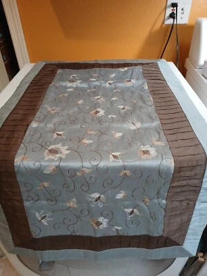 1- Lovely Teal Blue & Brown Satin Embroidered Floral Pillow Sham 19x 38 - Image 1 of 4