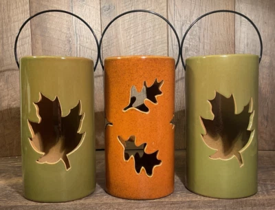 Lote de 3 linternas de cerámica para casas de vacaciones: 2 verdes y 1 naranja-añadir LED/velas nuevas con etiquetas🍃 Foto 1 de 4