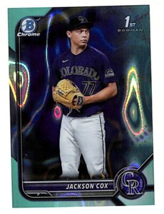 2022 Bowman Chrome Draft Jackson Cox 122/199 Aqua Lava Refractor Card Rockies 