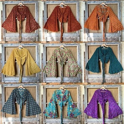 Wholesale 10 Pc Indian Vintage Silk Sari Bell Sleeve Crop Top Retro 60s Clothing - Image 1 of 4