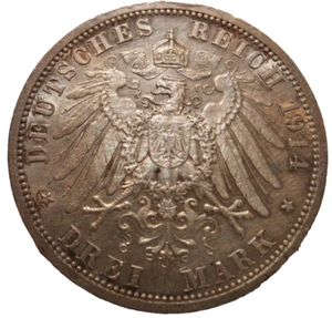 1914 A Deutsches Reich 3 Mark Wilhelm II PRUSSIA WWI German States Silver Coin - Picture 1 of 5
