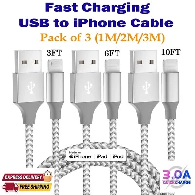 Pack of 3 Heavy Duty Braided Fast Charger Cable 1M 2M 3M For iPhone 14 13 12 X - Image 1 of 4