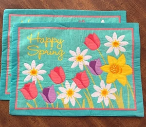 Happy Spring Colorful Flowers Appliqué Cloth Placemats Set Of 2 18”x13” NWT - Picture 1 of 9