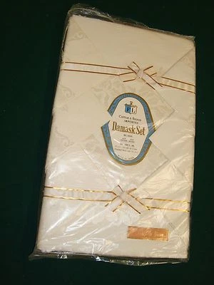 NIP FL ELEGANT DAMASK TABLECLOTH set 48" x 64" + 6 NAPKINS #991 Off White JAPAN - Image 1 of 4