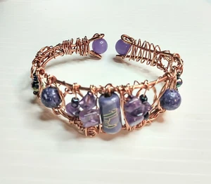 Bracelet Amethyst gemstone, wire wrapped copper bangle item #8091 - Picture 1 of 5