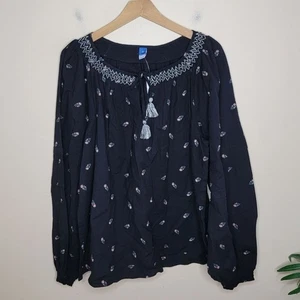 Nuevo con etiquetas Old Navy | Top Boho Negro Floral Bordado Manga Larga Talla XL Alto - Imagen 1 de 5