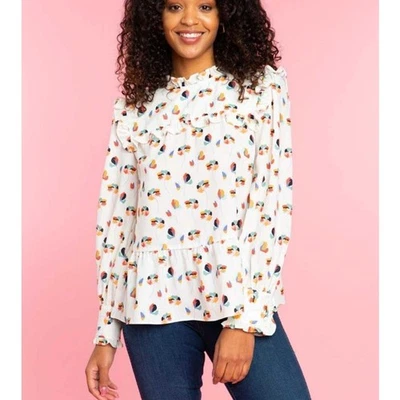 Top CROSBY by Mollie Burch Floral Volantes Pequeño Crema Multi Manga Larga Swingy Foto 1 de 4