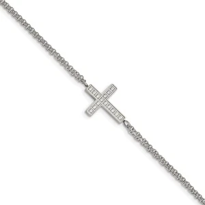 Acero inoxidable pulido con cruz de circonita cúbica 6,25 pulgadas con 2 pulgadas ext. Pulsera 6,25 pulgadas - Imagen 1 de 5