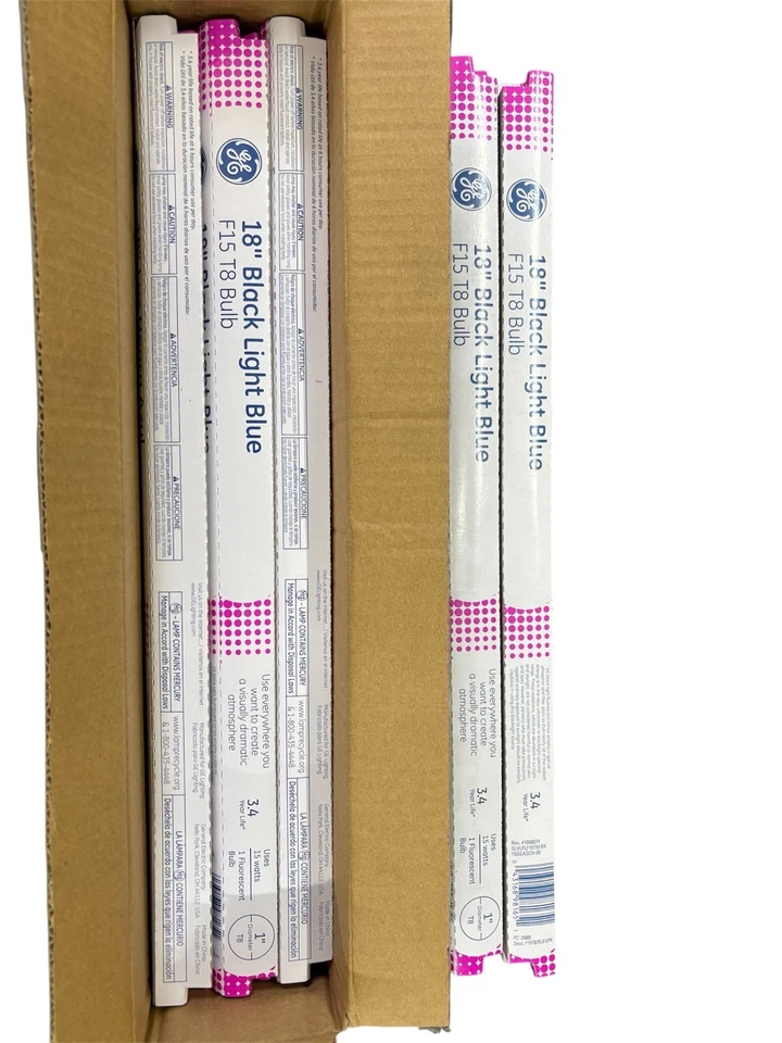 NEW 6 (CASE) NOS GE 18” 15W Black Light Bulbs F15T8/BLB ORIGINAL GE BULBS #35885 - Image 1 of 4