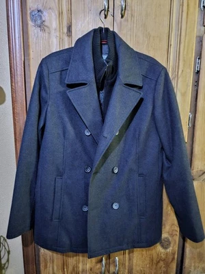 Kenneth Cole Reaction Mens Black Wool Blend Double Breasted Pea Jacket Size M - Image 1 of 4