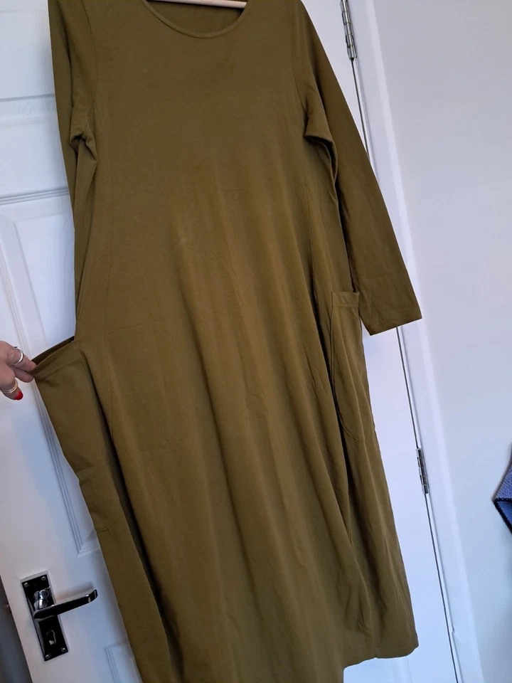 Mama B Dress Olive Green Womens Size M Balloon Bubble Arty Stretchy Pockets - Image 1 of 4